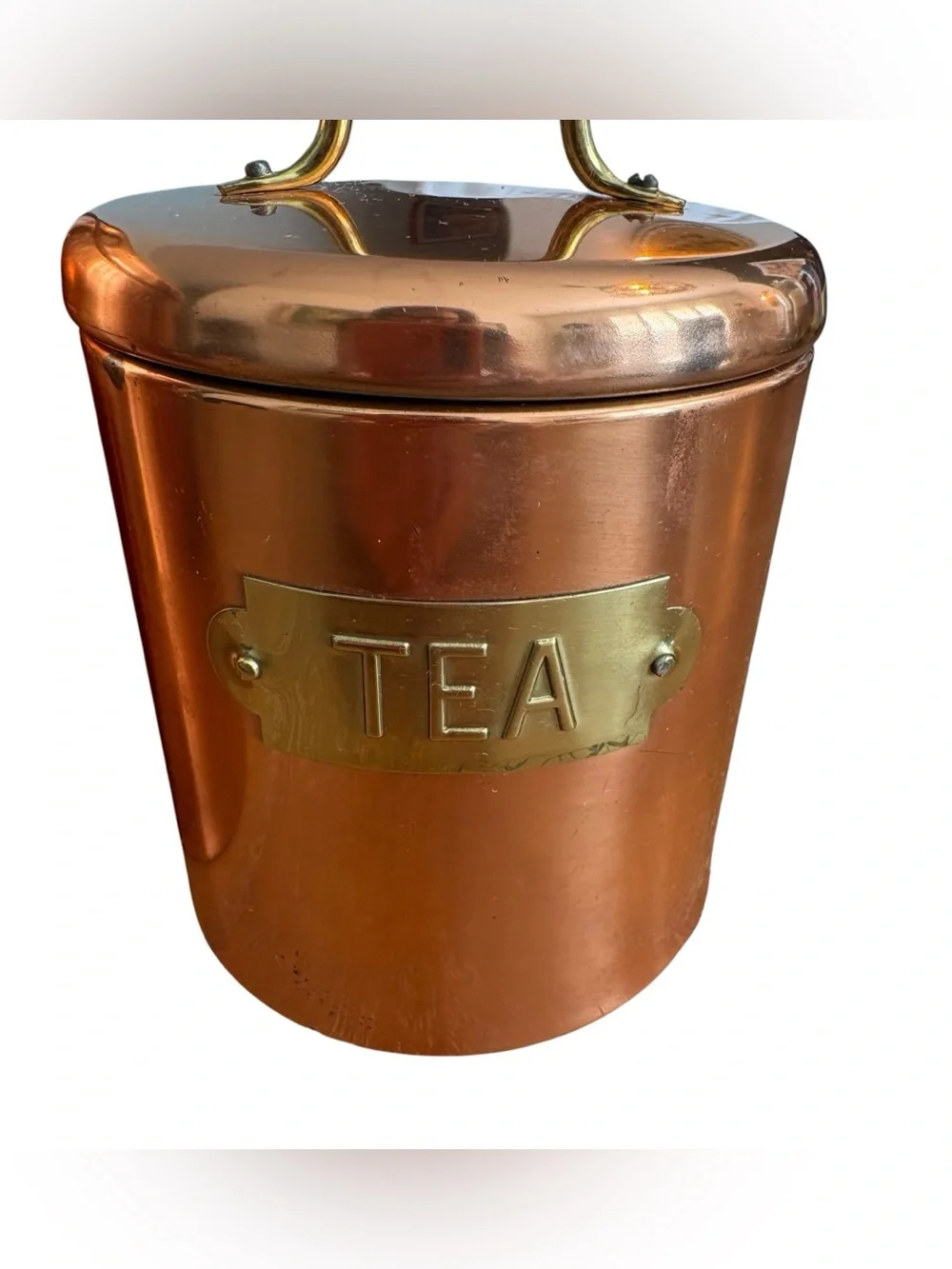 Vintage Copper Coffee & Tea Storage Canisters Brass Labels/Handles European